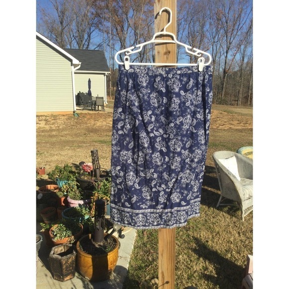 Country store womens midi skirt S stretchy navy blue white paisley summer modest - Picture 3 of 8